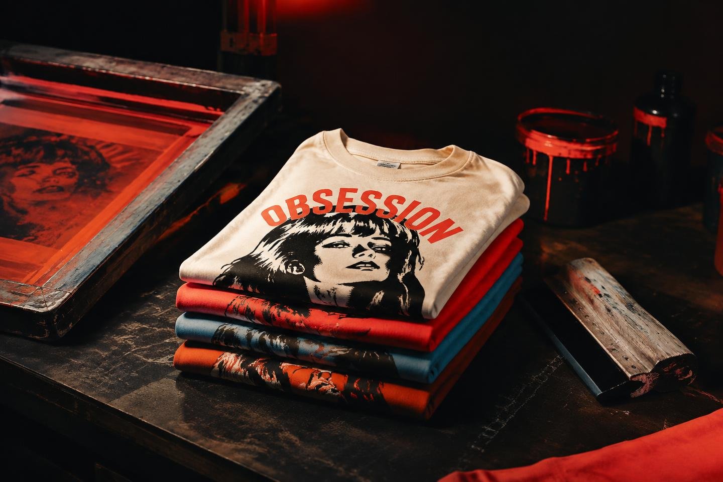 Freshly printed stack of custom t-shirts on a print studio workbench