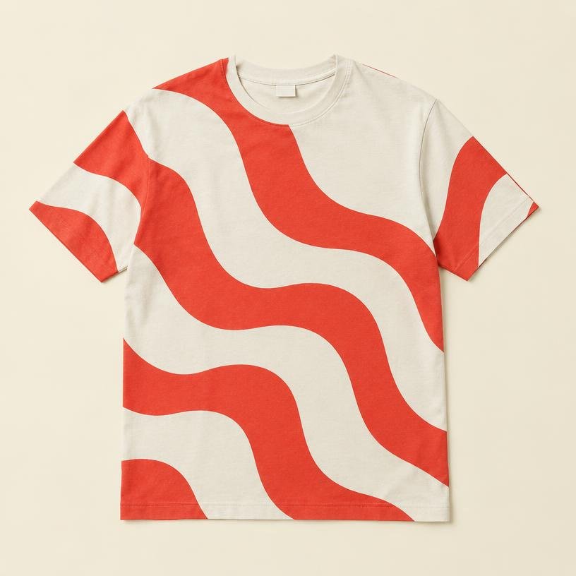 Cream t-shirt with bold coral wave print