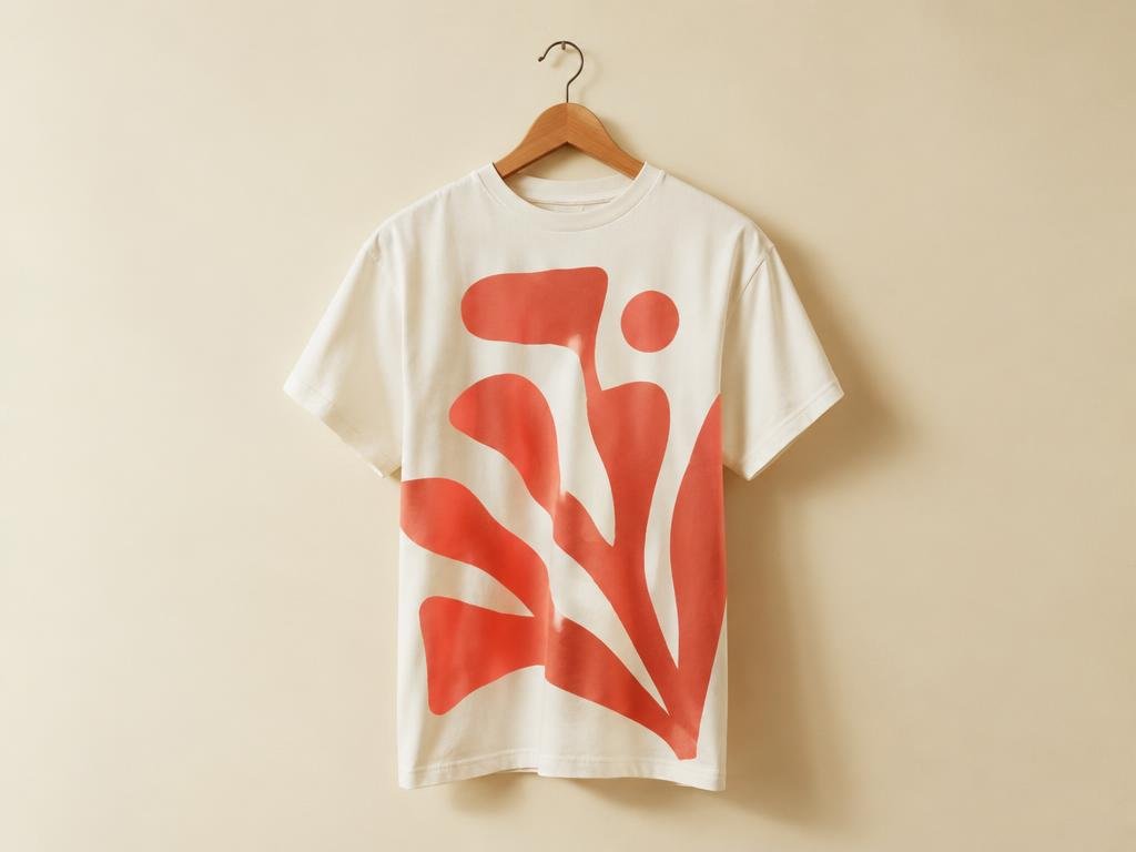 Bold graphic printed t-shirt on a hanger against a cream wall